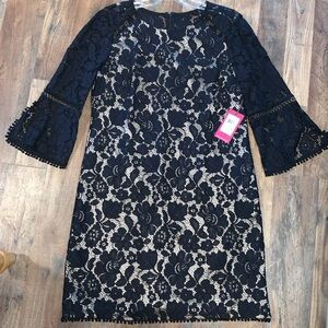 NWT Vince Camuto Black Lace Dress with Nude Underlay. 3/4 sleeve.  Fully lined.